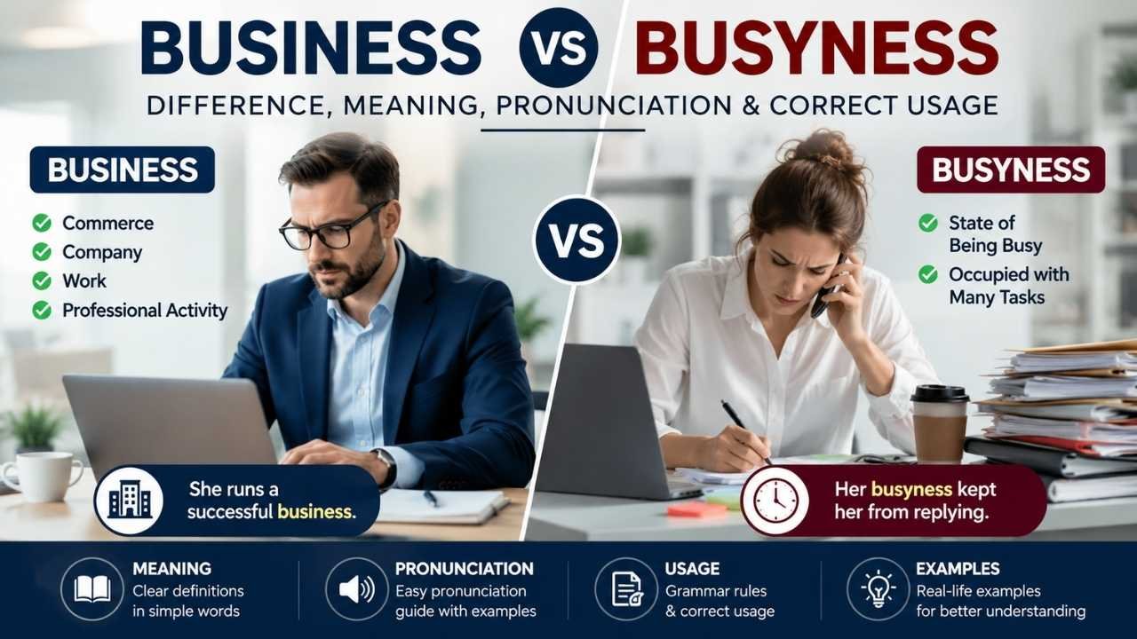 Many English learners get confused by Business vs Busyness because the two words look and sound similar, yet they have completely different meanings.