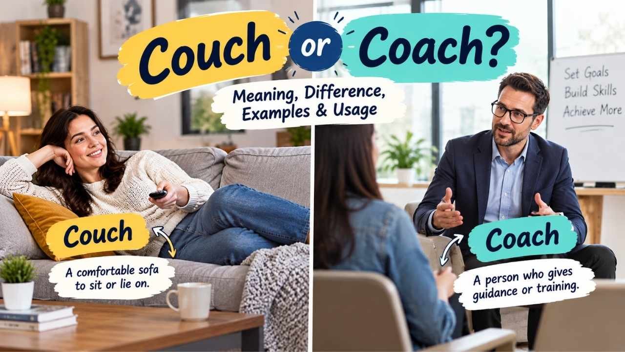 In this guide, we will explain couch vs coach, their meanings, pronunciation, examples, and common mistakes.