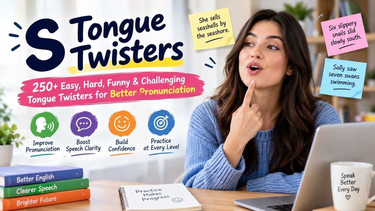 S tongue twisters with easy, hard, funny, and challenging examples for better English pronunciation and speech clarity.