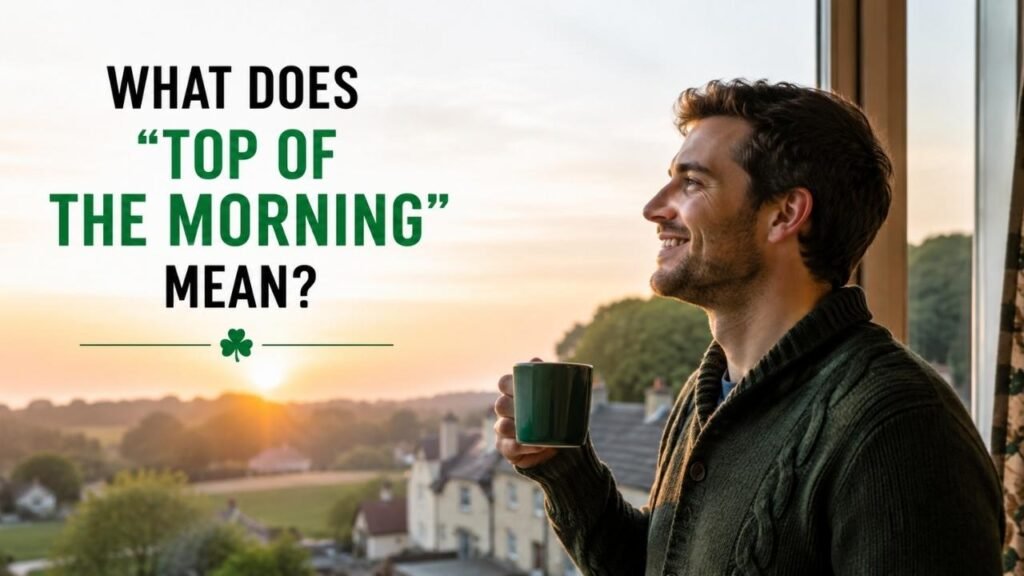 Smiling man enjoying a morning drink in an Irish-inspired village setting with “Top of the Morning” text.