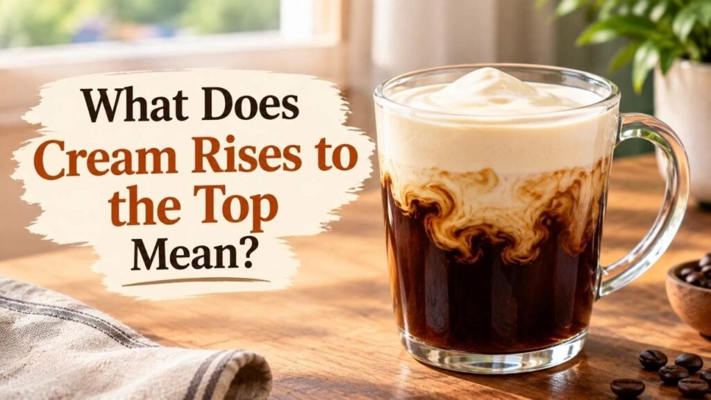 A realistic cup of coffee with cream floating at the top, visually explaining the phrase’s meaning.