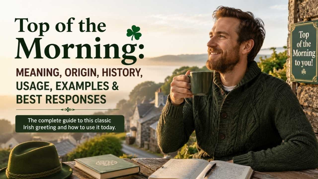 Humanized morning scene with a smiling man holding a mug, representing the meaning of “Top of the Morning.”