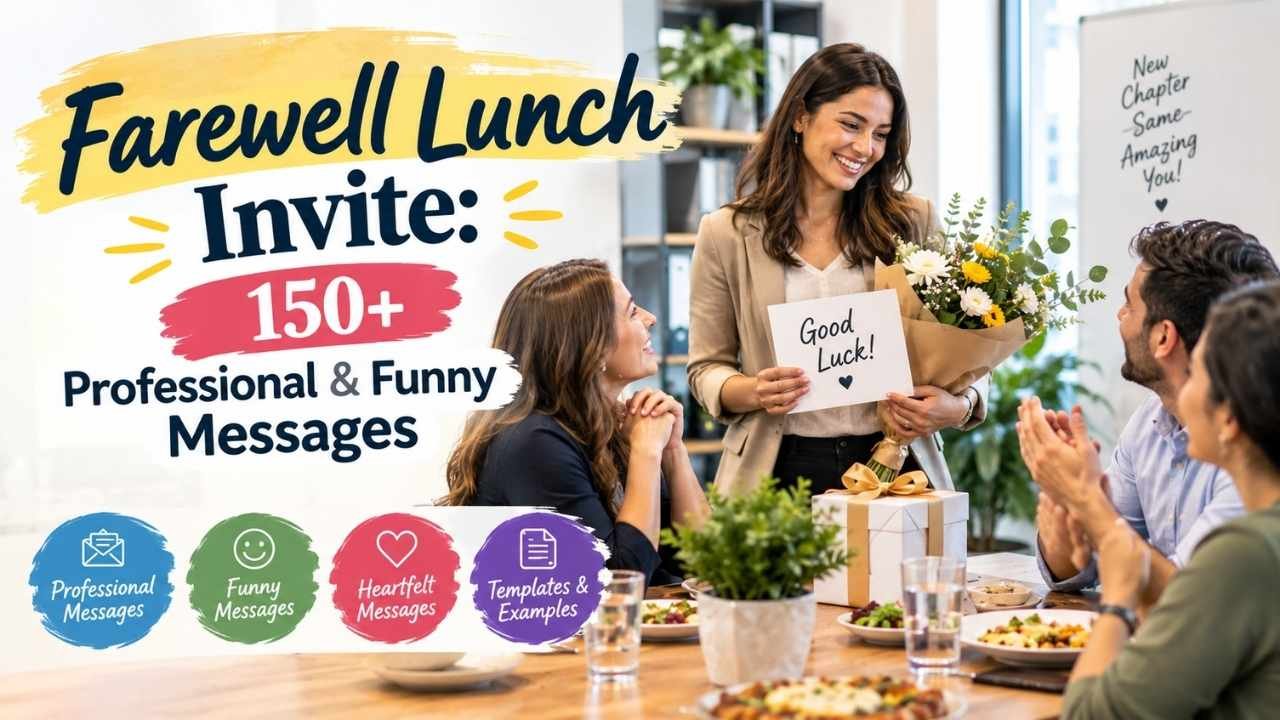 Farewell lunch invite message with colleagues sharing a meal and celebrating a coworker’s new journey.