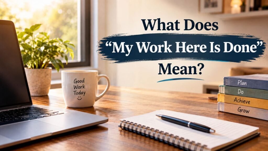 What Does “My Work Here Is Done” Mean? phrase explained with a realistic work desk