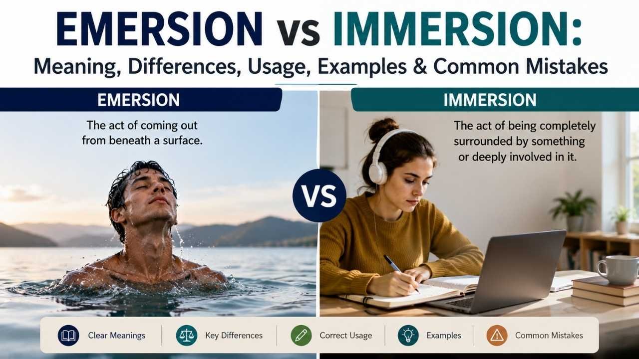 Emersion vs immersion comparison showing a person emerging from water and another person deeply engaged in language learning.