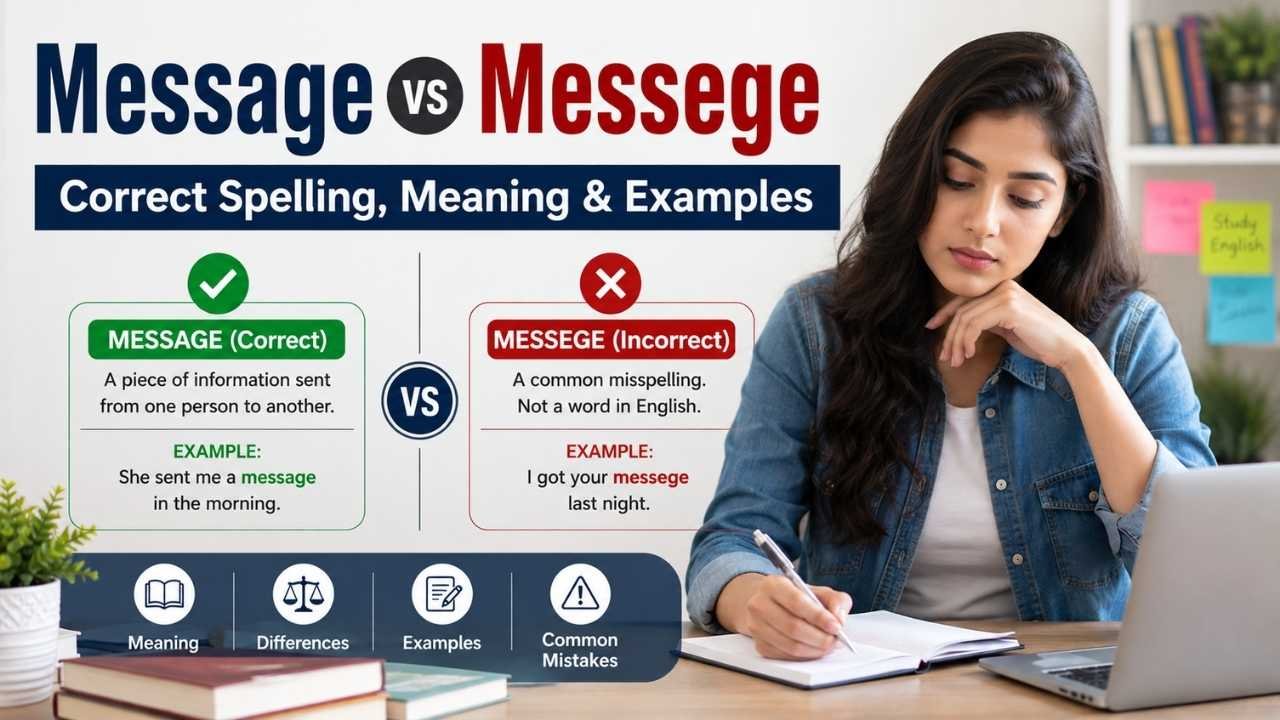 Message vs Messege comparison showing the correct spelling, meaning, and common spelling mistake