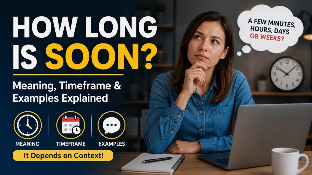 How long is soon meaning, timeframe, and real-life examples explained with a thoughtful woman considering different time periods.