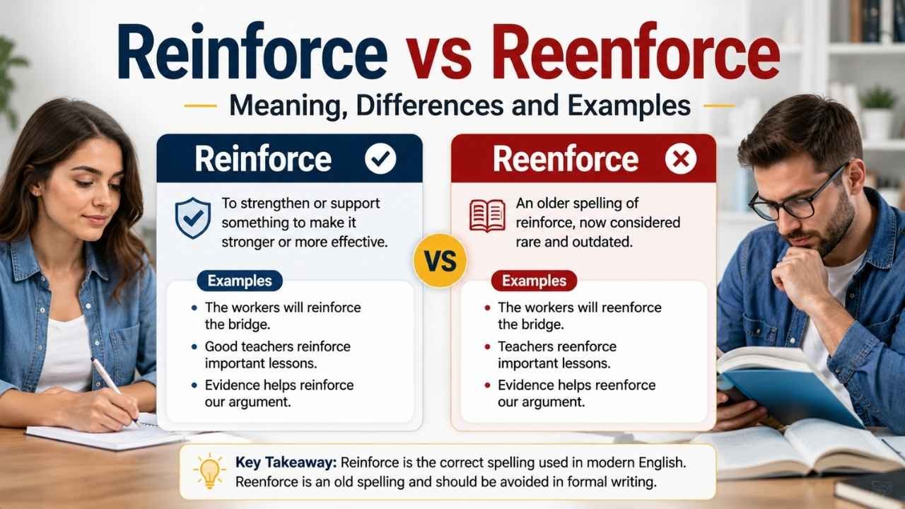 Reinforce vs Reenforce comparison showing the correct spelling, meaning, and difference between the two words
