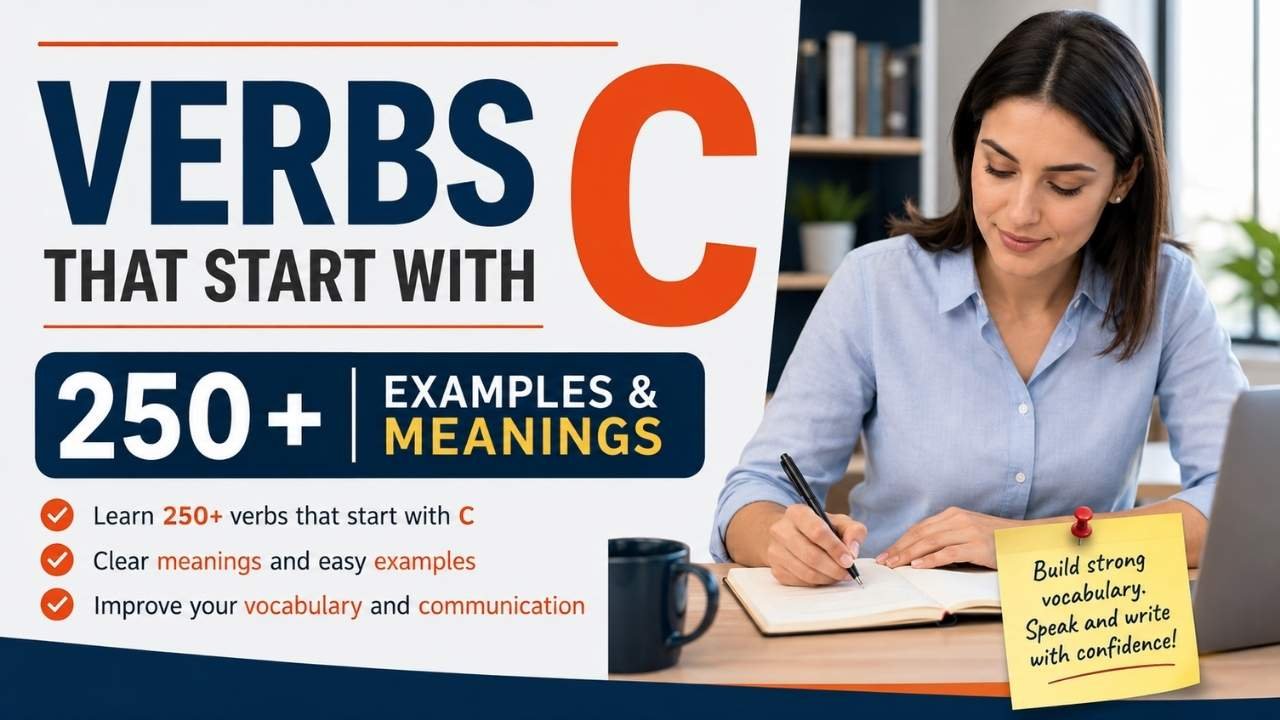 “Educational graphic featuring verbs that start with C, with 250+ examples and meanings alongside a woman studying.”