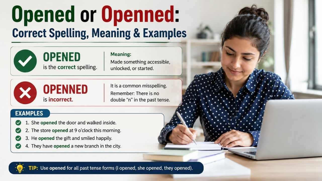 A realistic educational graphic comparing the correct spelling “Opened” with the incorrect “Openned,” including meanings and example sentences.