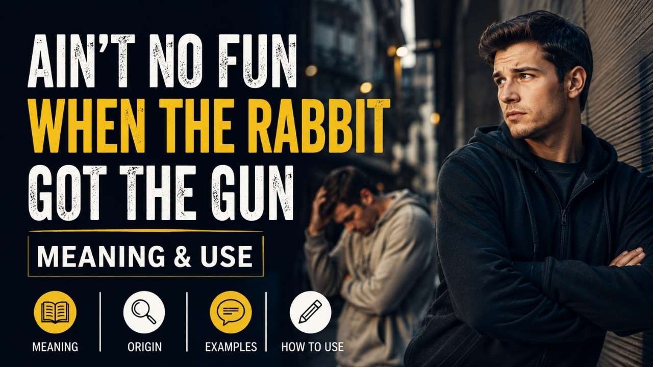 Ain’t No Fun When the Rabbit Got the Gun meaning and use explained with a realistic man and bold phrase-focused text.