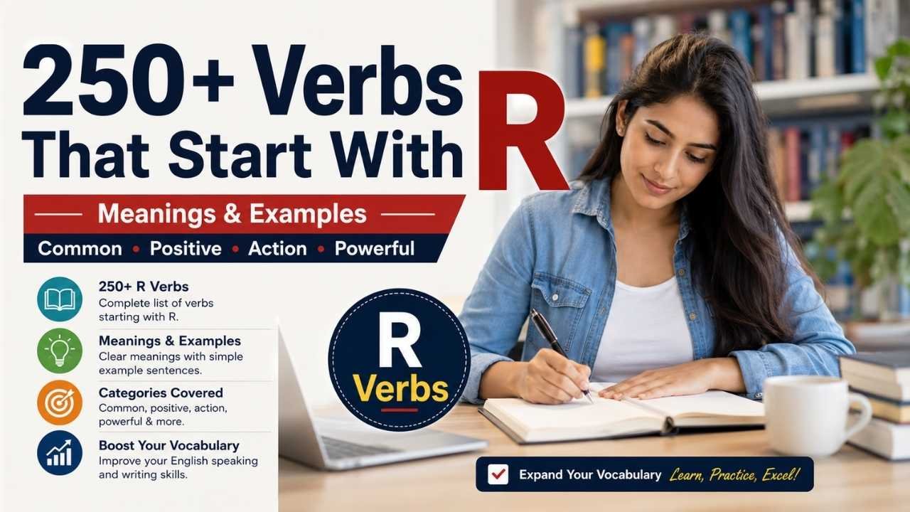 250+ verbs that start with R with meanings and examples, featuring common, positive, action, and powerful R verbs and a woman studying.