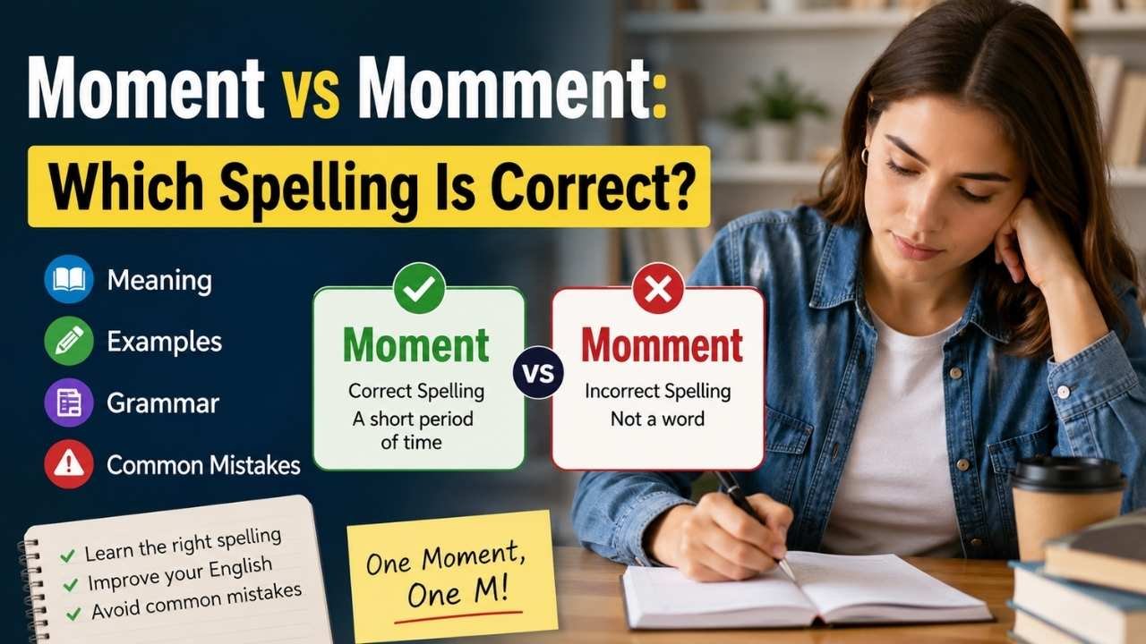 Moment vs Momment spelling comparison showing the correct spelling, meaning, grammar, examples, and common mistakes with a woman studying.