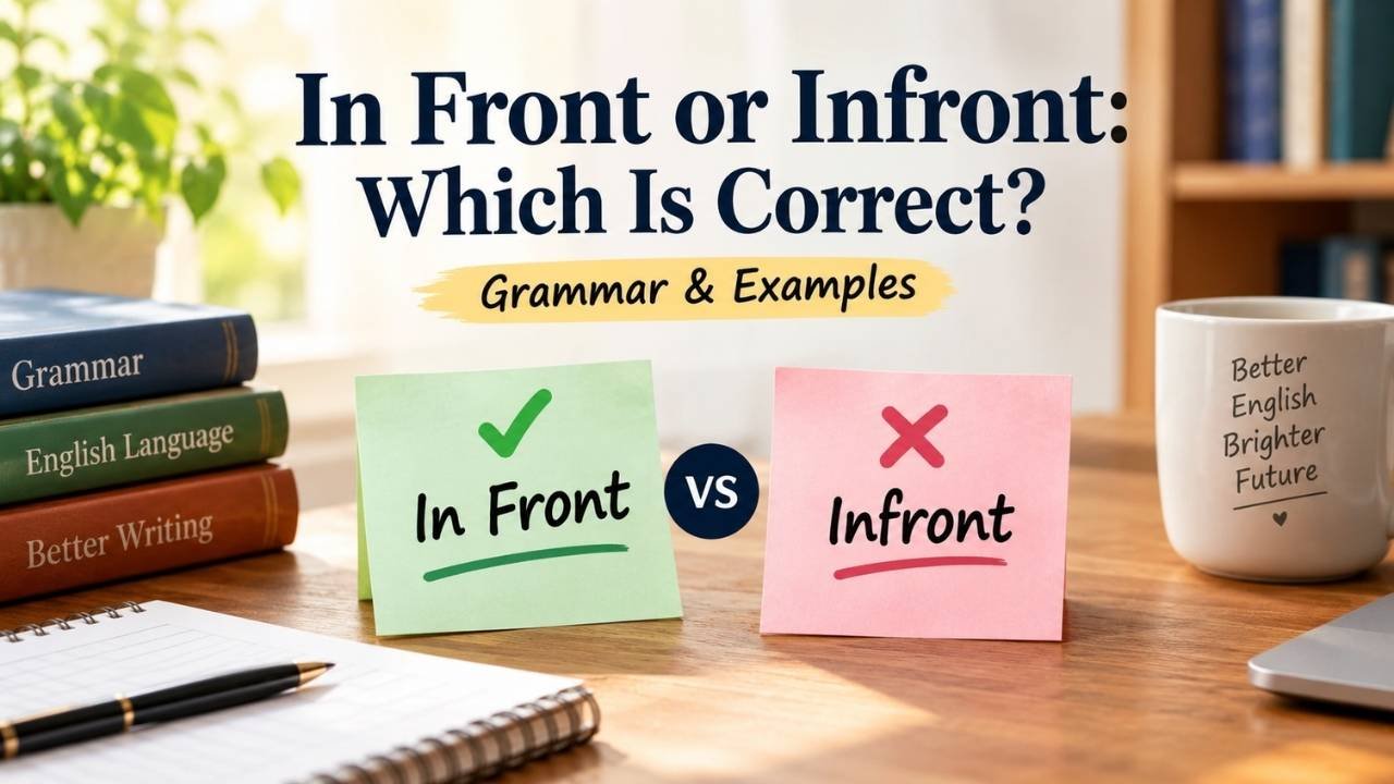 Grammar infographic comparing “In Front” and “Infront,” showing the correct usage with a checkmark and the incorrect form with an X.