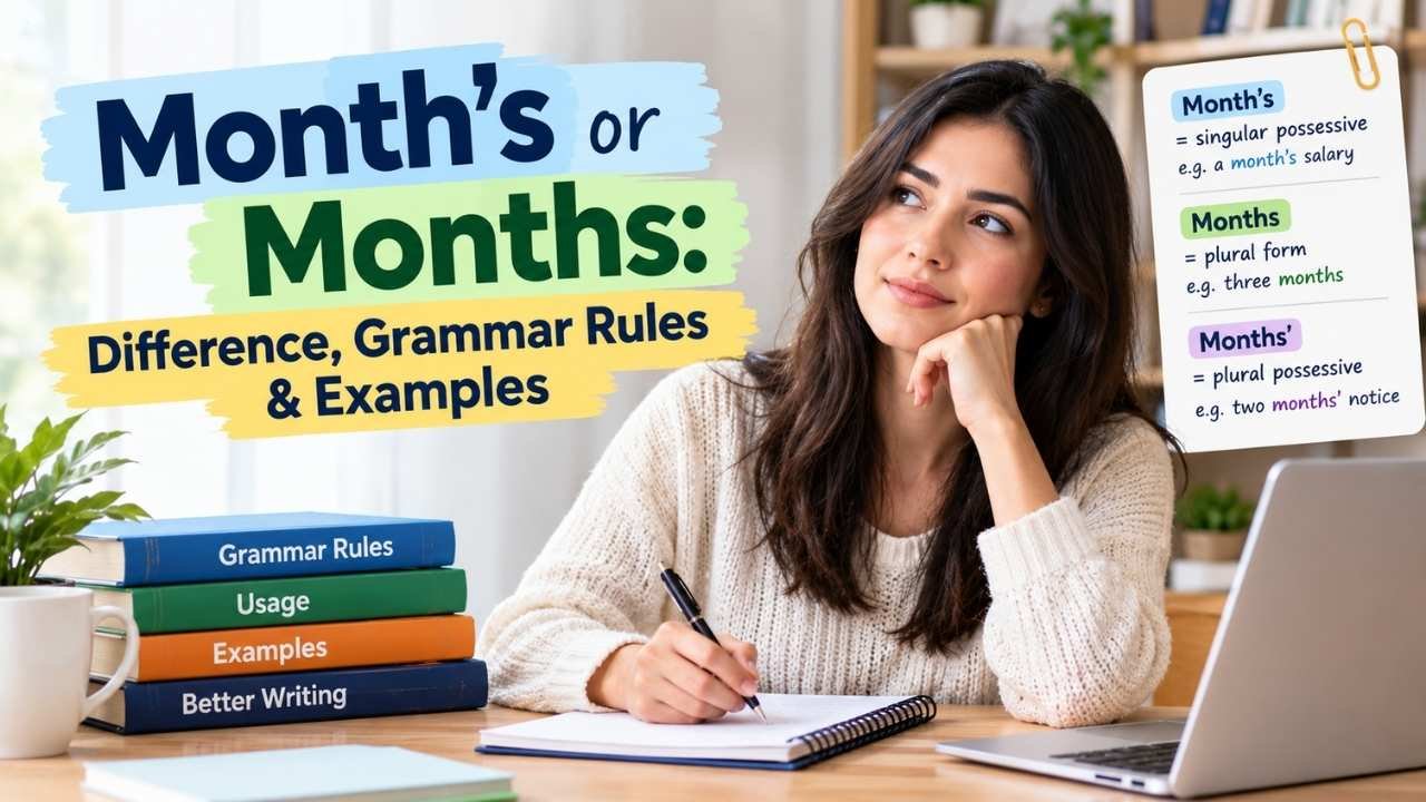 Woman thinking about the difference between “Month’s” and “Months” while learning apostrophe and grammar rules.