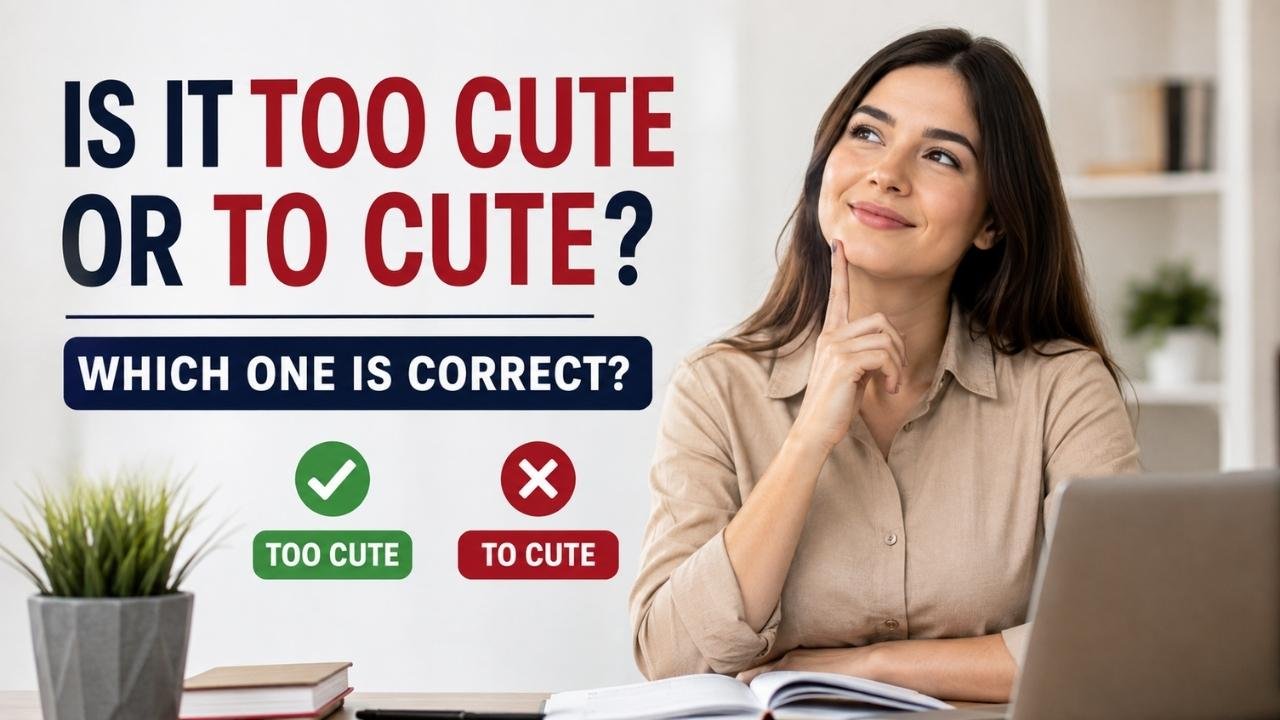 A woman studying at a desk with a laptop, while an educational graphic compares “Too Cute” and “To Cute.