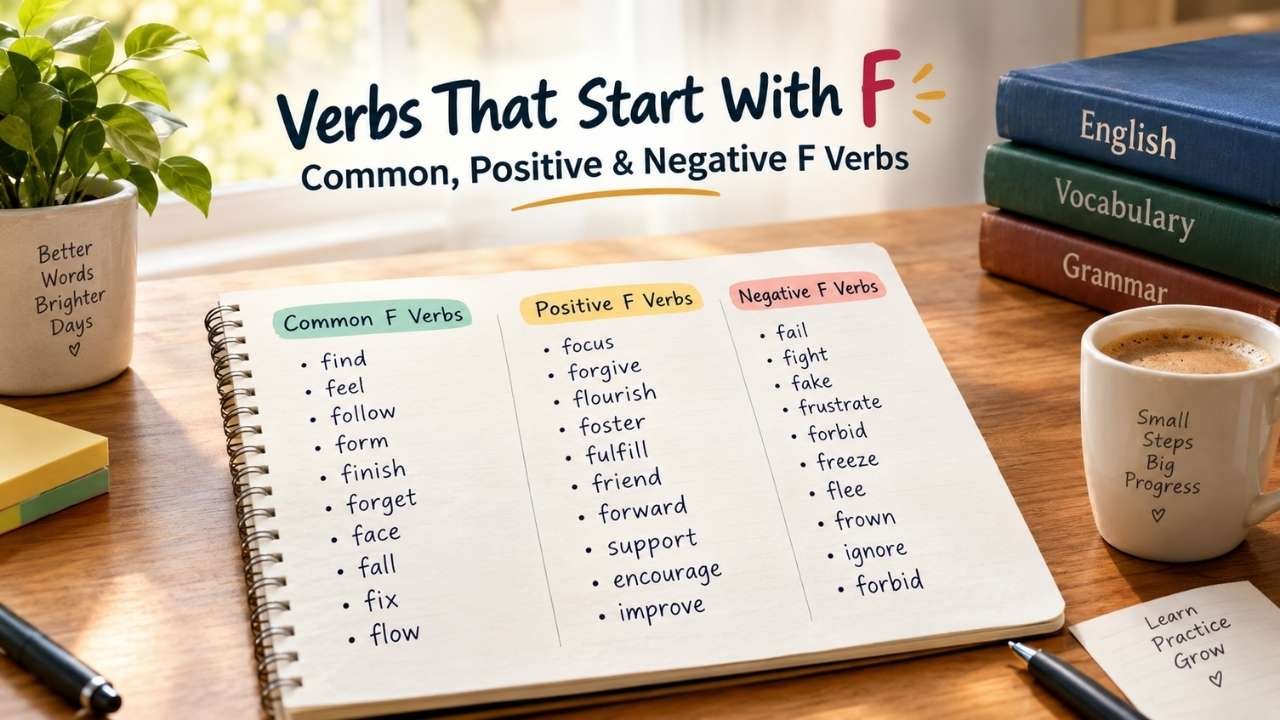 Realistic educational desk with a notebook showing common, positive, and negative verbs that start with F.