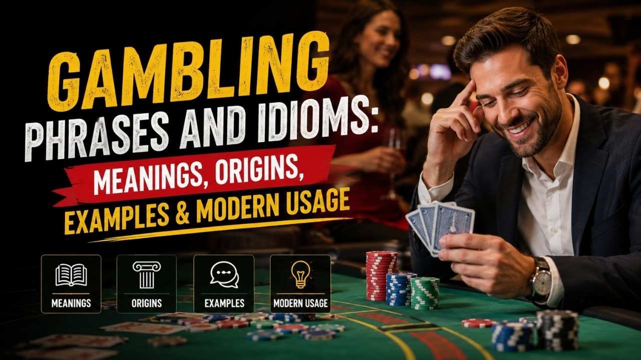 Gambling phrases and idioms with their meanings, origins, and example sentences.