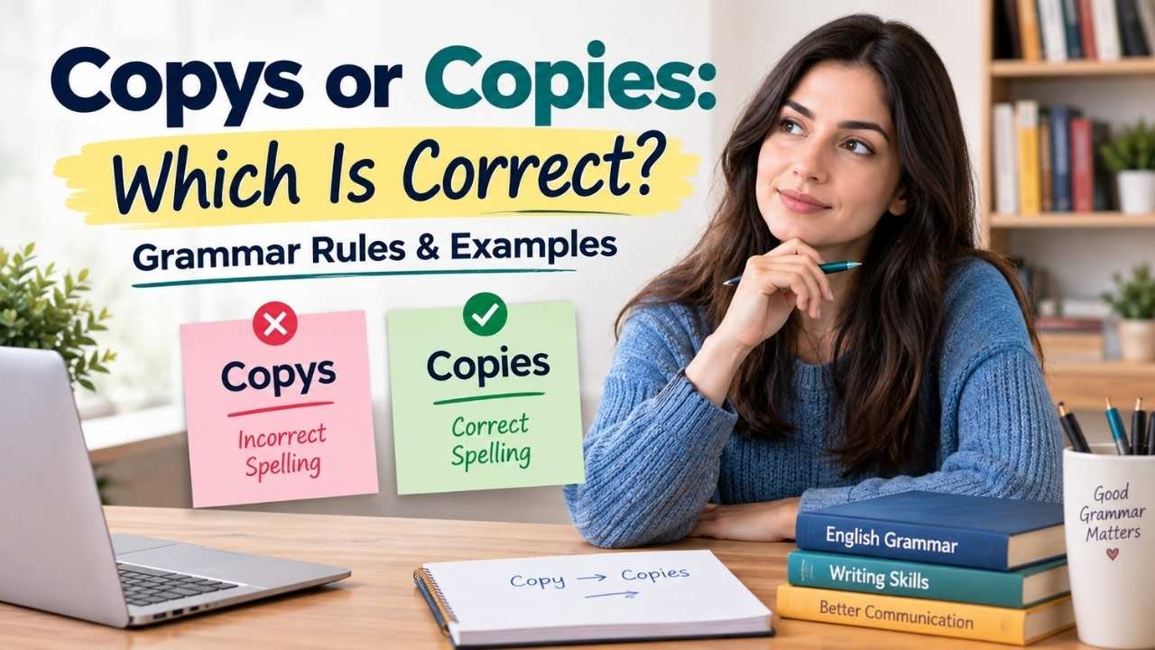 Copys or Copies grammar guide showing the correct spelling “Copies,” grammar rules, and examples with a humanized study scene.
