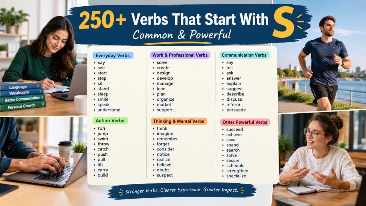 + verbs that start with S shown in a humanized English vocabulary infographic with common and powerful examples.