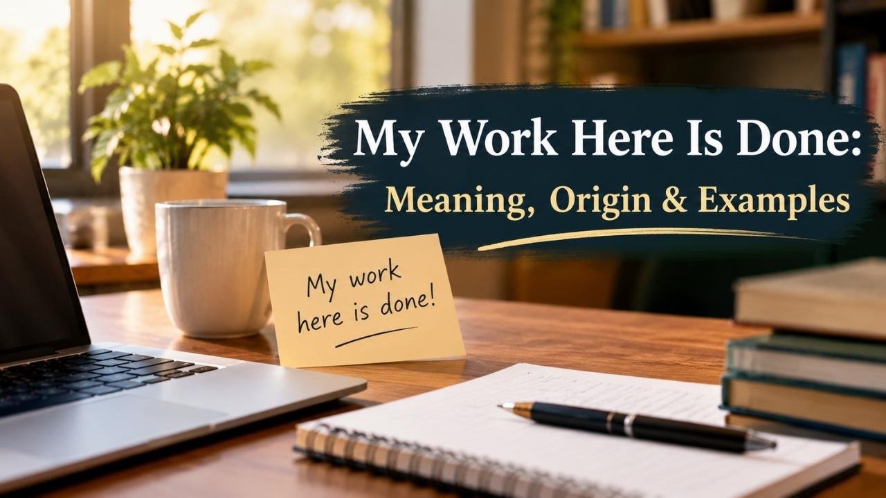 “My Work Here Is Done” meaning and origin explained with a cozy workspace scene