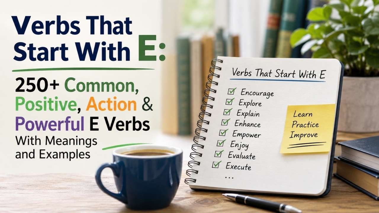 Verbs that start with E infographic showing 250+ common, positive, action, and powerful E verbs with meanings and examples.