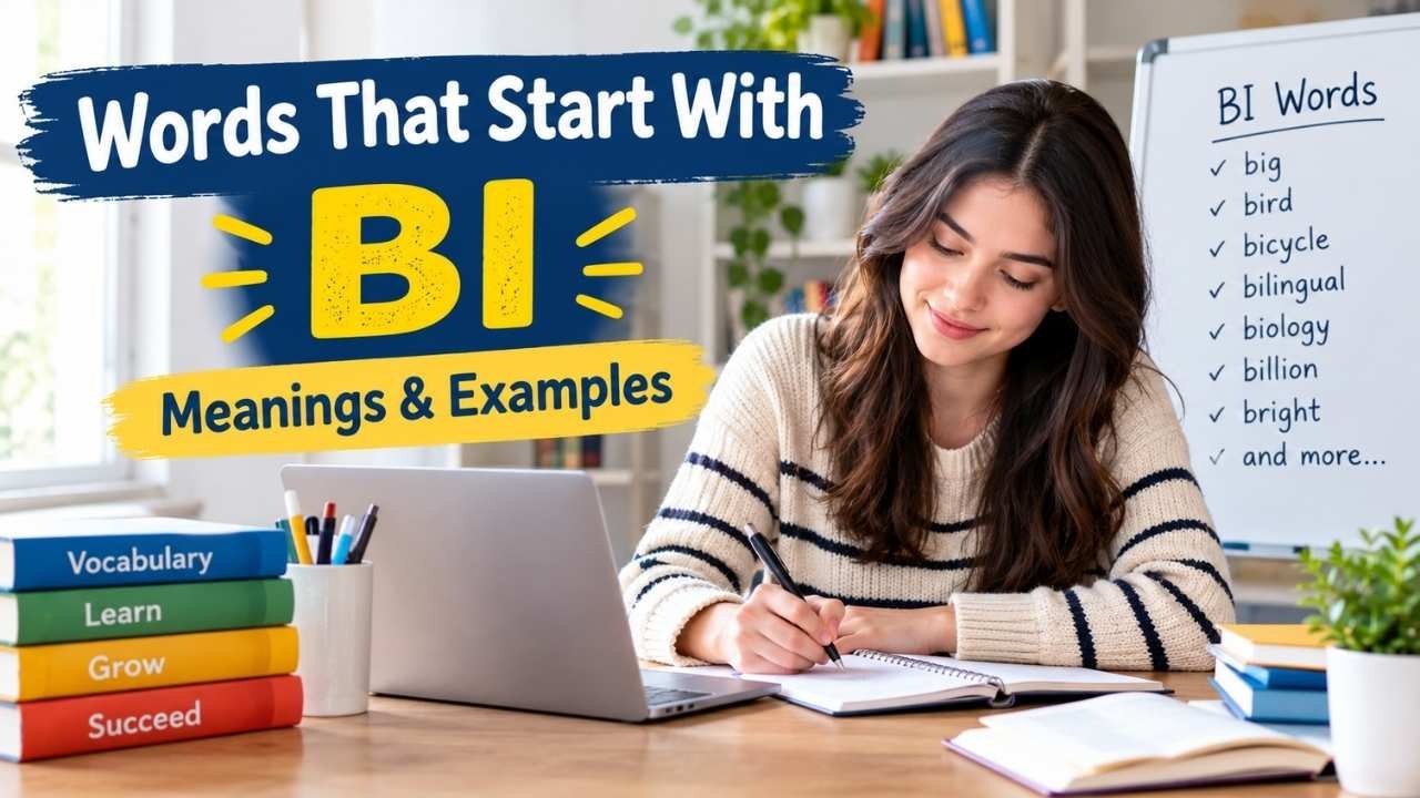Humanized educational image showing a student studying BI words, with examples like big, bird, bicycle, bilingual, biology, billion, and bright.