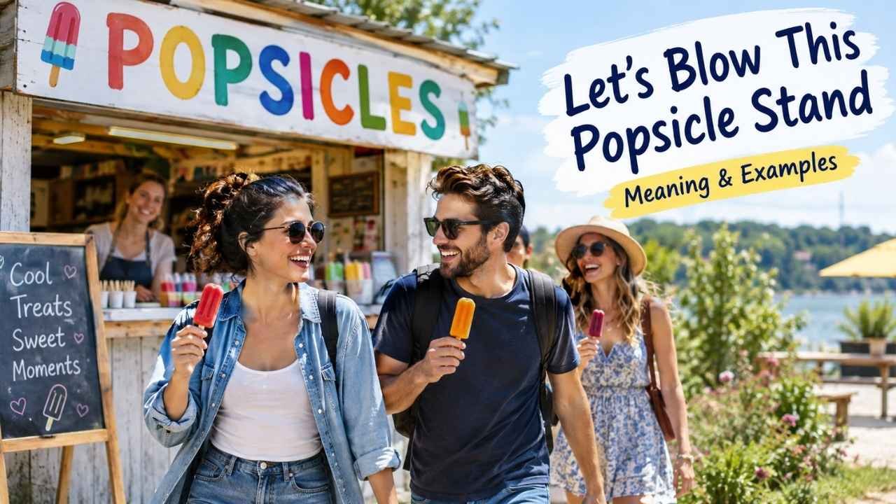 Friends enjoying popsicles at a colorful outdoor stand with the phrase “Let’s Blow This Popsicle Stand: Meaning & Examples.