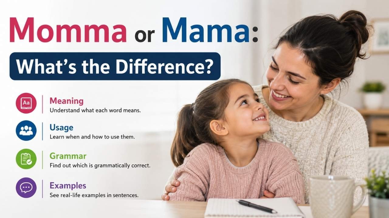 Momma or Mama comparison showing a mother and child with key points about meaning, usage, grammar, and examples.