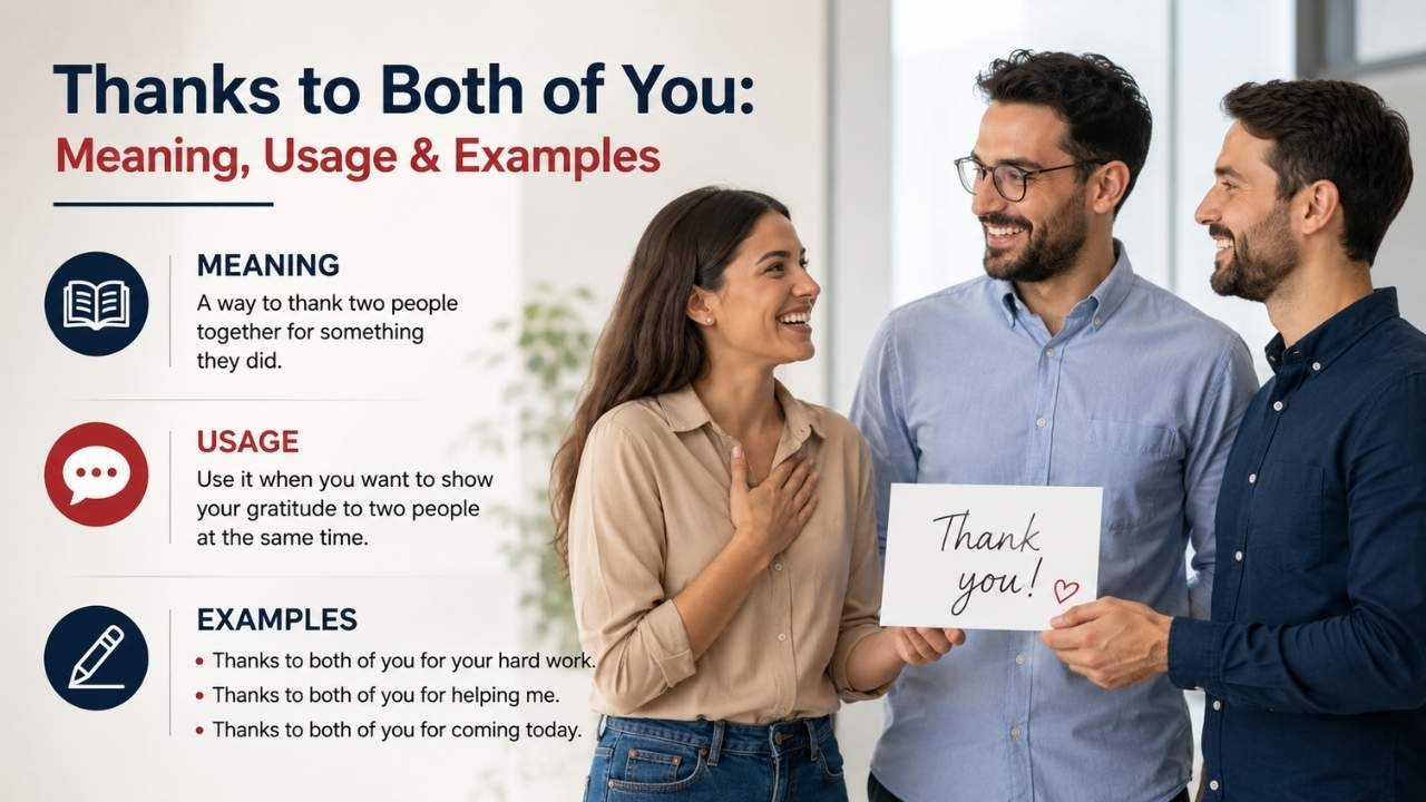 Realistic people expressing gratitude with the phrase “Thanks to Both of You,” showing its meaning, usage, and examples.