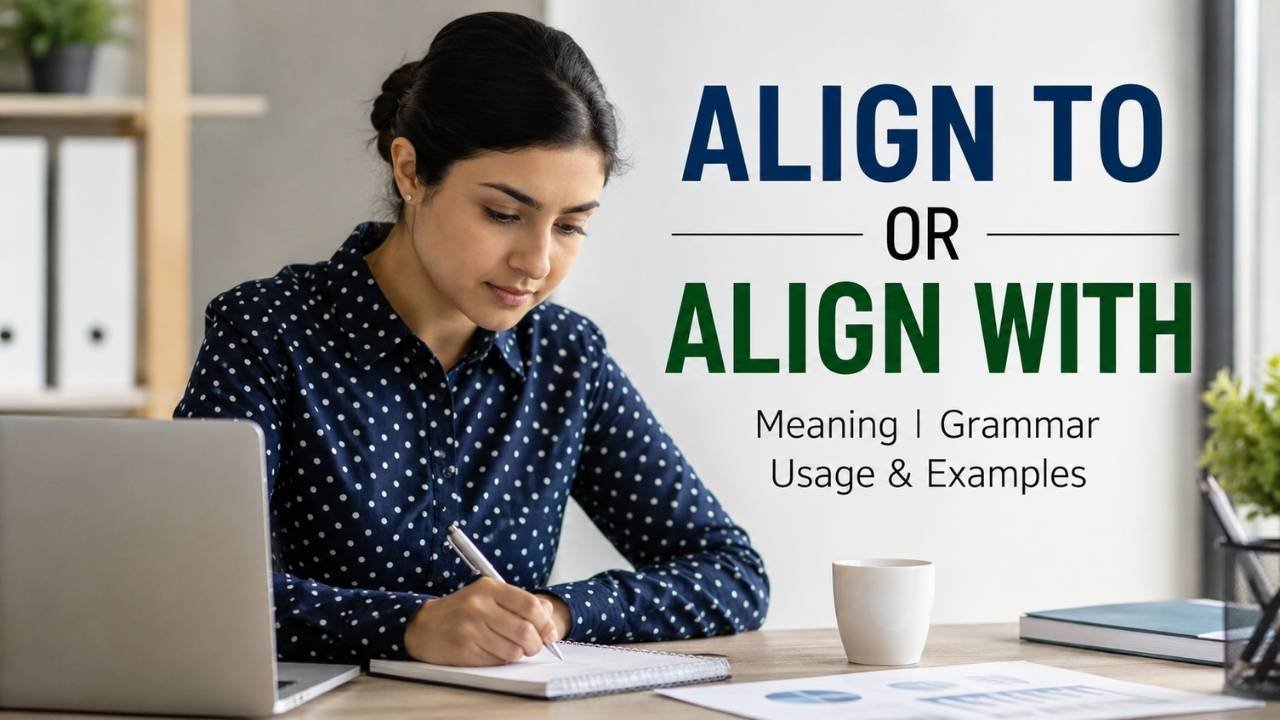 Humanized office scene illustrating “Align To or Align With” with a professional woman studying grammar usage on a laptop and notebook.