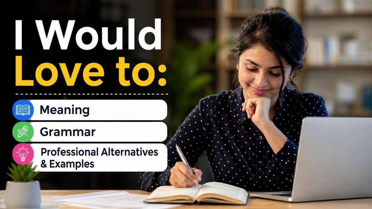 “I would love to” meaning, grammar rules, professional alternatives, and example sentences.