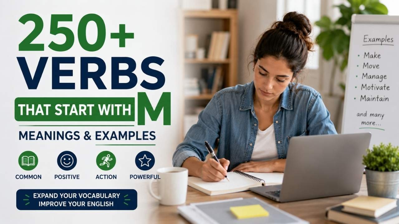 250+ verbs that start with M with meanings and examples, featuring common, positive, action, and powerful M verbs.