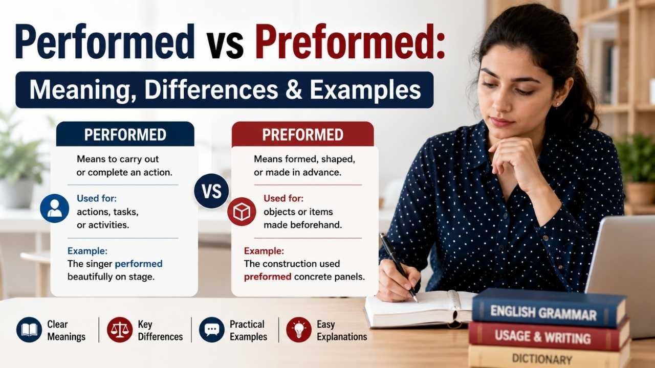 Performed vs preformed comparison showing meanings, differences, and example sentences