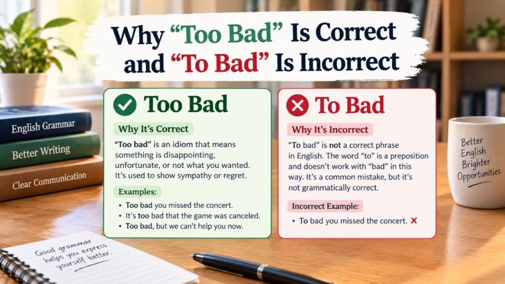 Educational grammar infographic explaining why “Too Bad” is correct and “To Bad” is incorrect in English.