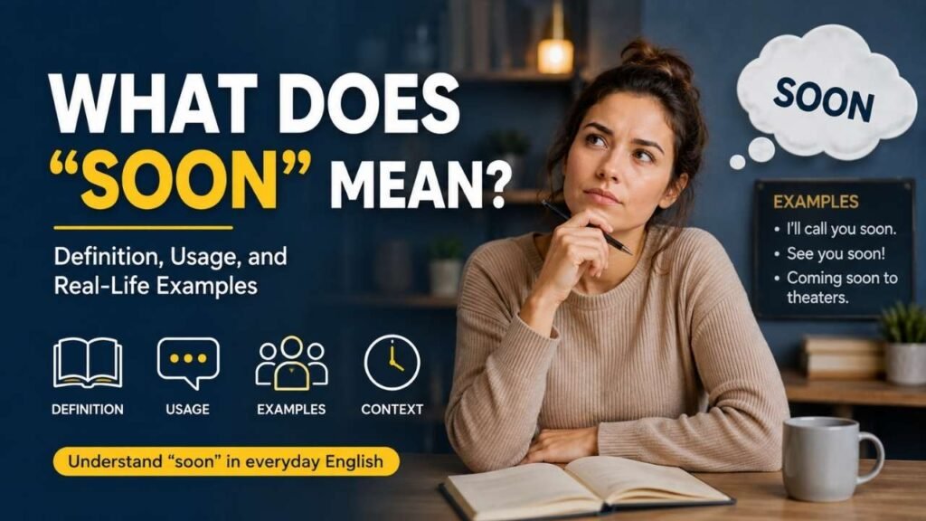 What does soon mean with definition, usage examples, and context shown alongside a person studying the meaning of the word.