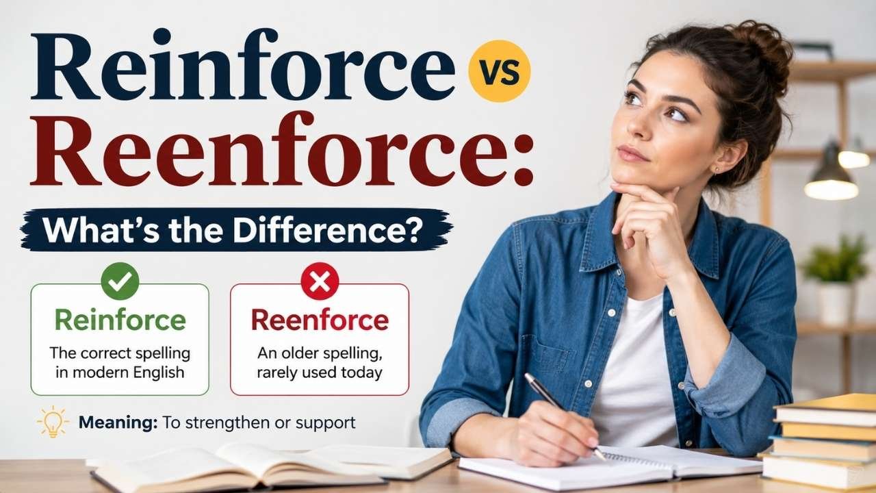 Reinforce vs Reenforce infographic explaining meanings, differences, correct usage, and sentence examples