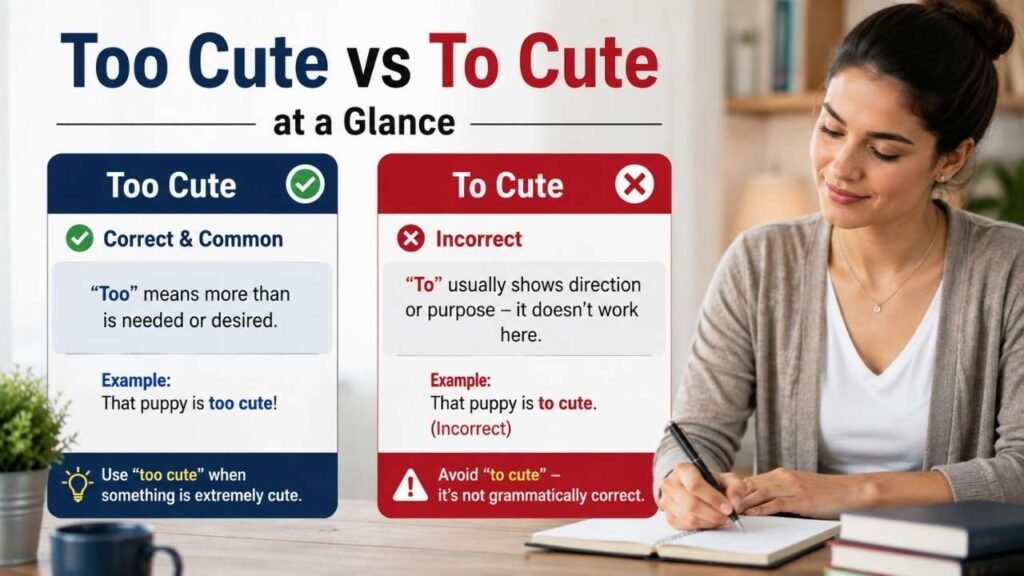 A woman writing in a notebook beside an infographic explaining the correct and incorrect uses of “Too Cute” and “To Cute.