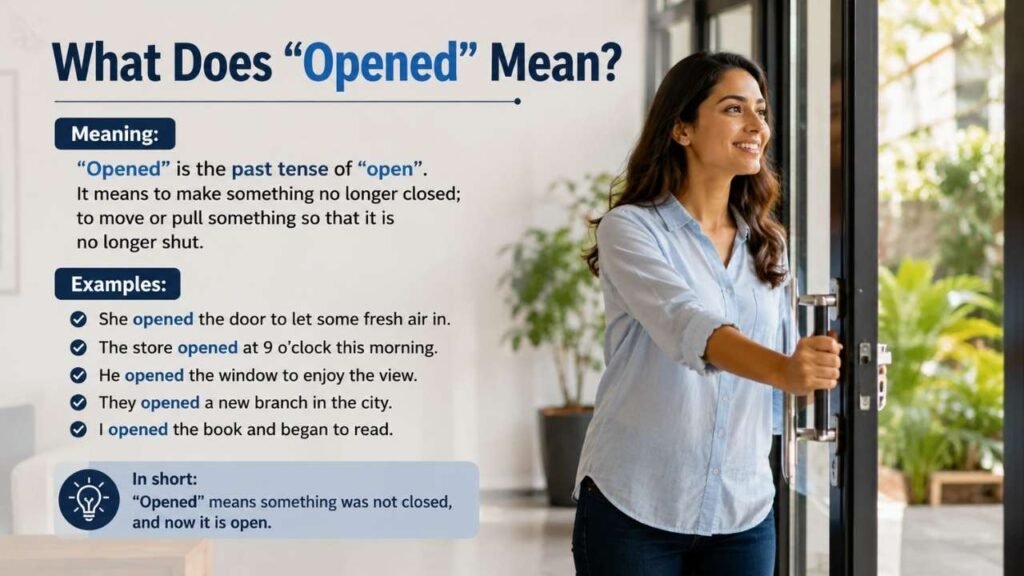 A realistic woman opening a glass door beside an educational graphic explaining the meaning, usage, and examples of “opened.