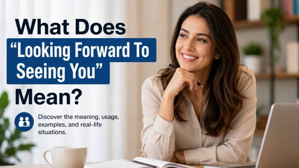Meaning of “Looking Forward To Seeing You” explained with a humanized English grammar illustration.