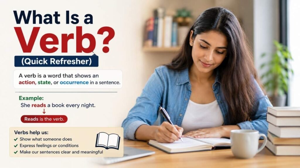 Infographic explaining what a verb is, with examples showing how verbs express actions, states, or occurrences in a sentence.