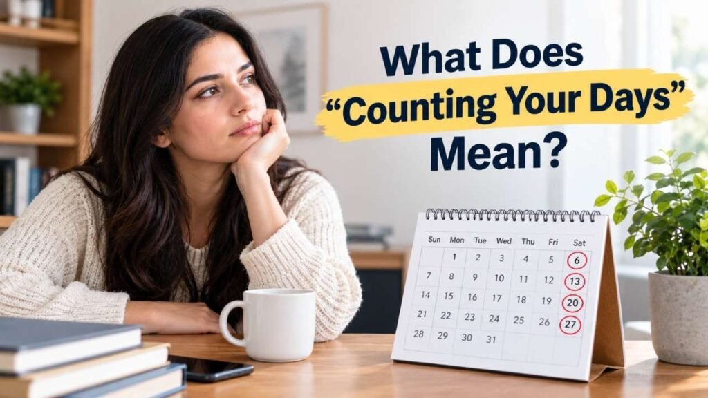 A woman sitting at a desk beside a calendar, with the text “What Does ‘Counting Your Days’ Mean?” displayed prominently.