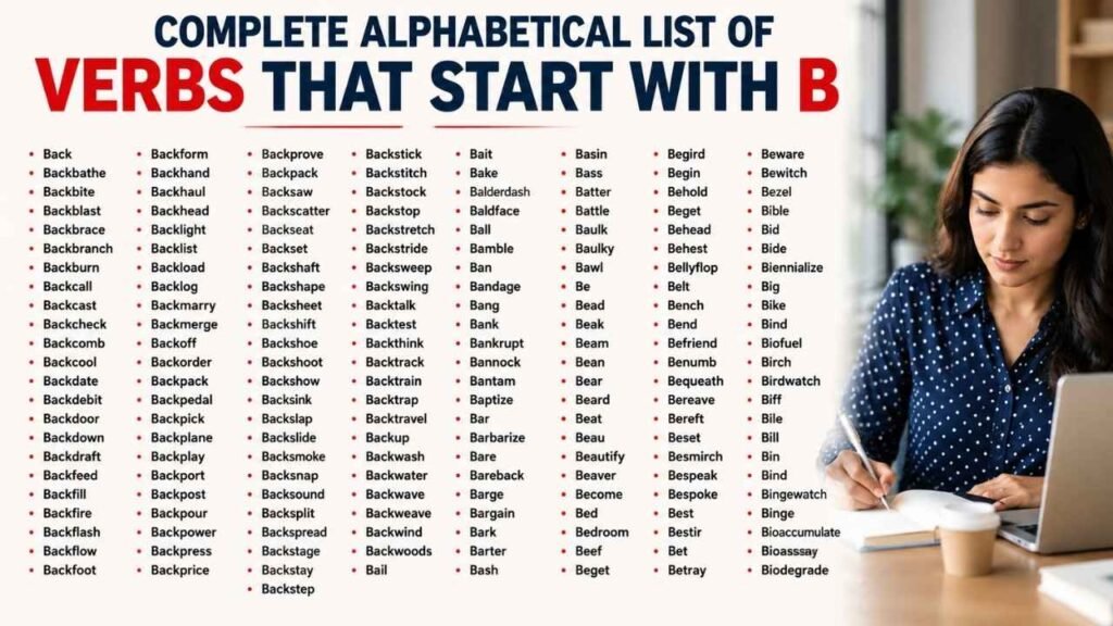 Realistic educational infographic showing a complete alphabetical list of verbs that start with B alongside a woman studying at a desk.