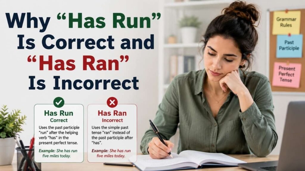 People discussing the difference between “has run” and “has ran,” highlighting standard English grammar and regional speech.