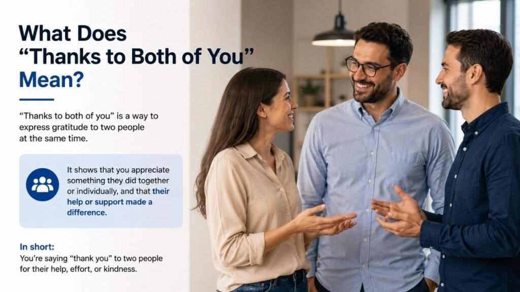Realistic three-person conversation illustrating the meaning of “Thanks to Both of You” as an expression of appreciation for two people.