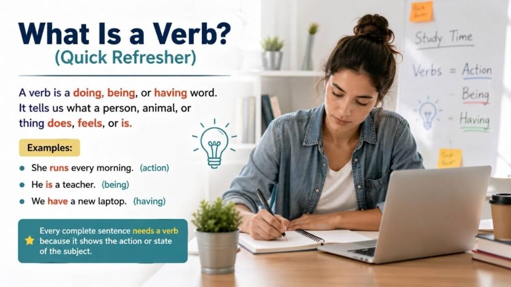 What is a verb quick refresher explaining action, being, and having verbs with simple examples.