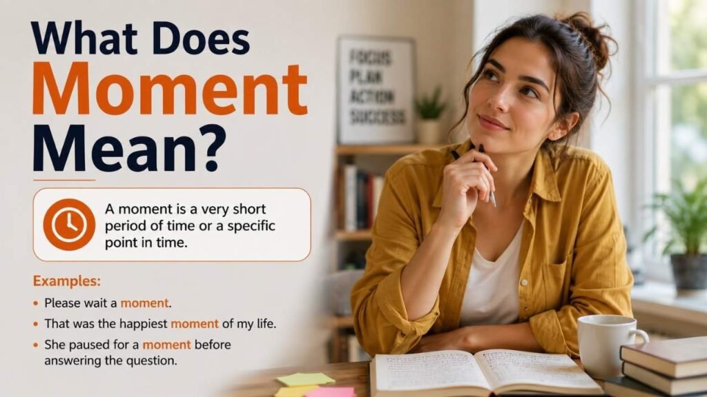 What does moment mean infographic showing the definition, examples, and meaning of the word moment alongside a woman studying.