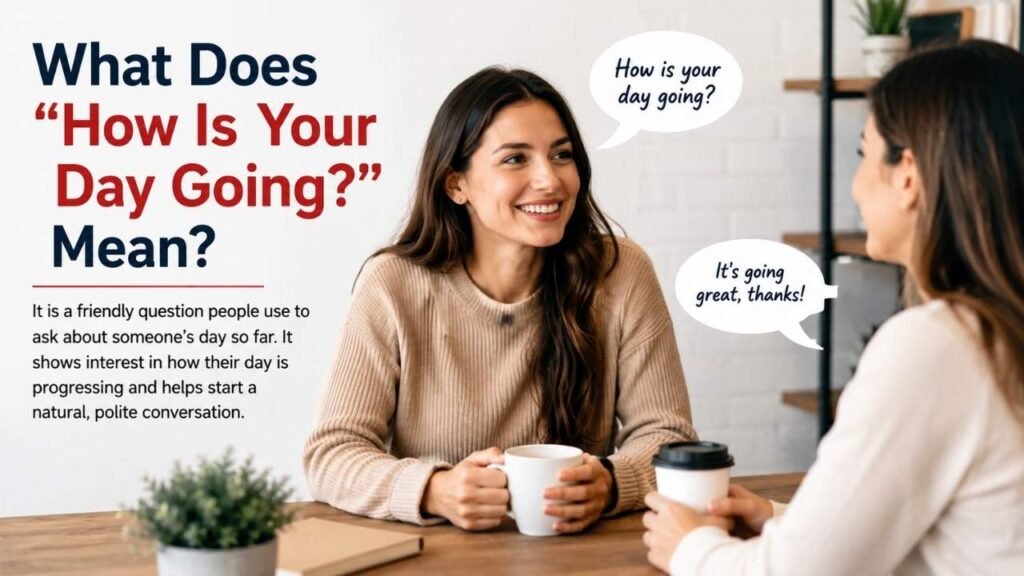 Two women discussing the meaning of “How Is Your Day Going?” during a casual conversation.