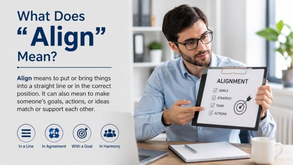 Humanized educational infographic explaining the meaning of “Align,” featuring a professional man presenting an alignment checklist in a modern office.