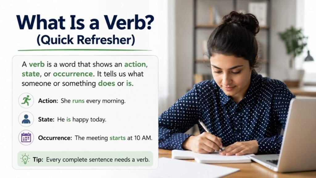 What Is a Verb infographic explaining verbs as words that show actions, states, or occurrences with simple examples.